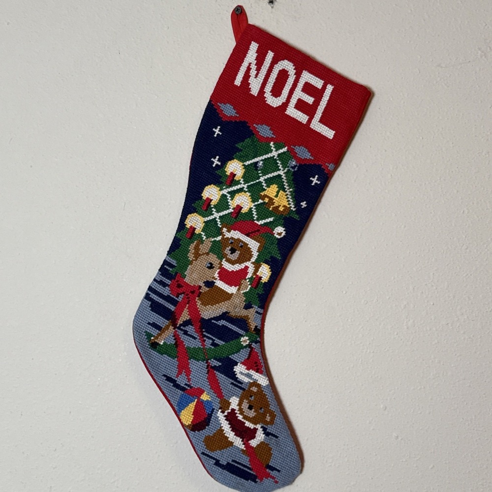 Needlepoint Noel Christmas Stocking Bears Reindeer Tree Red Blue 19" Velvet Back